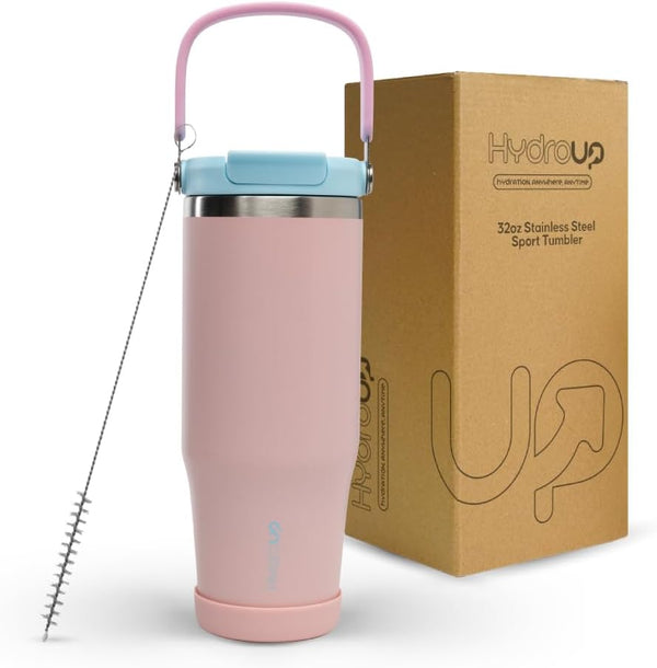 Sport Tumbler 32oz Stainless Steel Water Bottle, Vacuum Insulated with 2-in-1 Lid (Straw & Spout), Leak-Proof Reusable Travel Mug for Hot and Cold Drinks