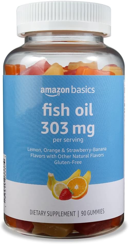 Amazon Basics Fish Oil 303 mg, Soft Chew Gummies, Lemon, Orange & Strawberry-Banana Flavors, 90 Count, EPA and DHA Omega-3 Fatty Acids (Previously Solimo)