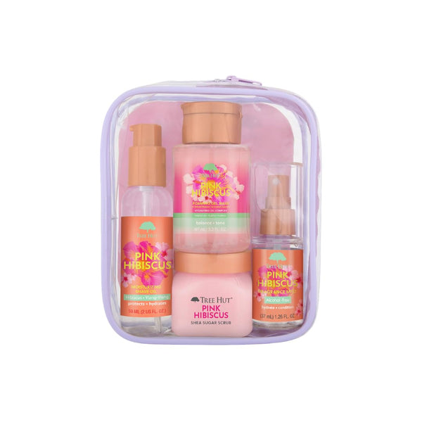 Tree Hut Hibiscus Everything Shower Gift Set, 4 Piece Kit, Travel Size | Exfoliating Body Scrub, Body Wash, Shave Oil & Body Spray, Self Care Gift Set, Nourishing & Moisturizing with Shea Butter