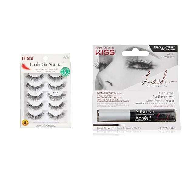KISS Looks So Natural False Eyelashes Shy' 12mm, 5 Pairs, Lash Couture Lash Glue, Black Adhesive, Strip Lashes