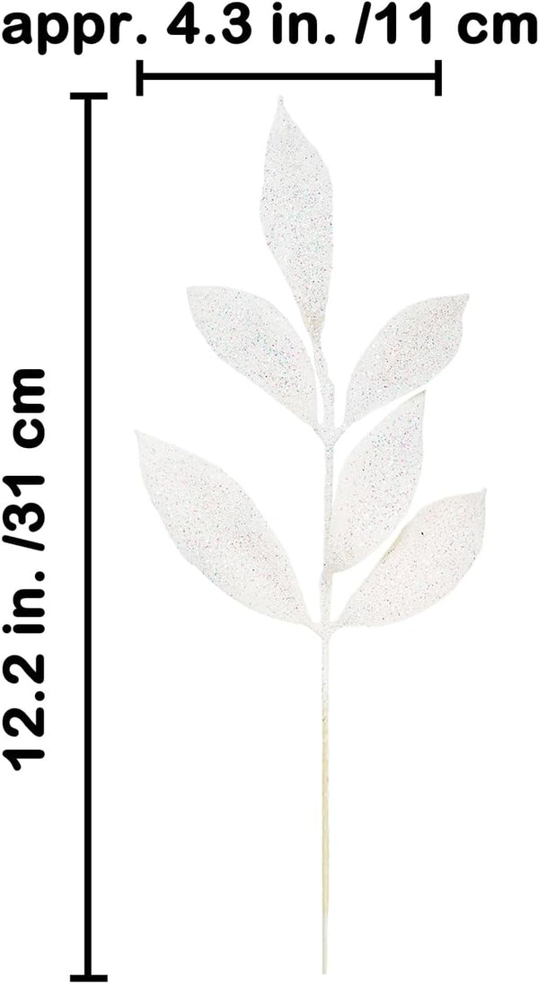 Winlyn 20 Pcs Christmas Artificial Leaf Sprays White Glittered Bay Leaf Picks 12" Tall Christmas Tree Picks Decorations for White Christmas Tree Seasonal Wreath Winter Arrangement Wedding Centerpiece