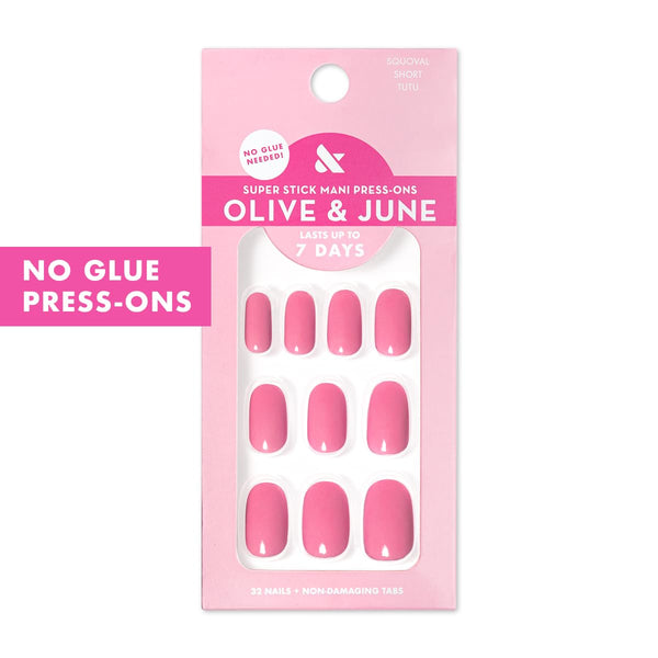 Olive & June Super Stick Press-On Nails, Taffy Bright Pink, Short, Round | No glue needed; 32 non-toxic tab nails in 16 sizes, easy on-off, non-damaging, 7-day wear; salon-quality mani at home