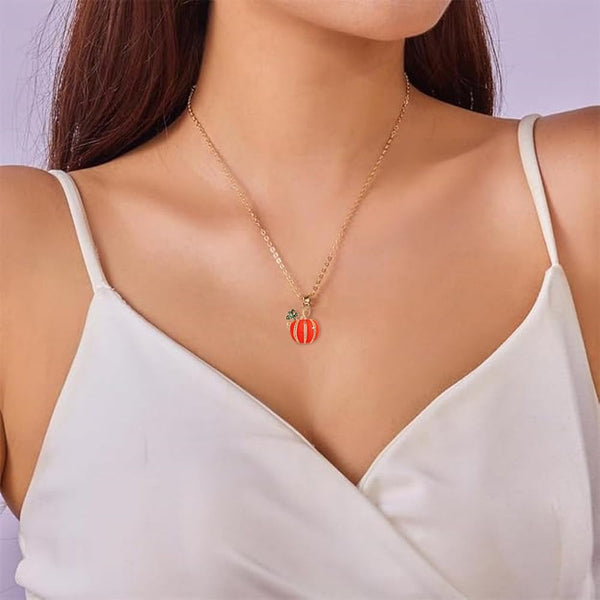 Dtja Rhinestone Pumpkin Pendant Necklace for Women Gold-Tone Fashion Enamel Halloween Thanksgiving Green Leaf Charms Link Chain Adjustable Cute Fall Holiday Festival Jewelry Gift Souvenir 18"