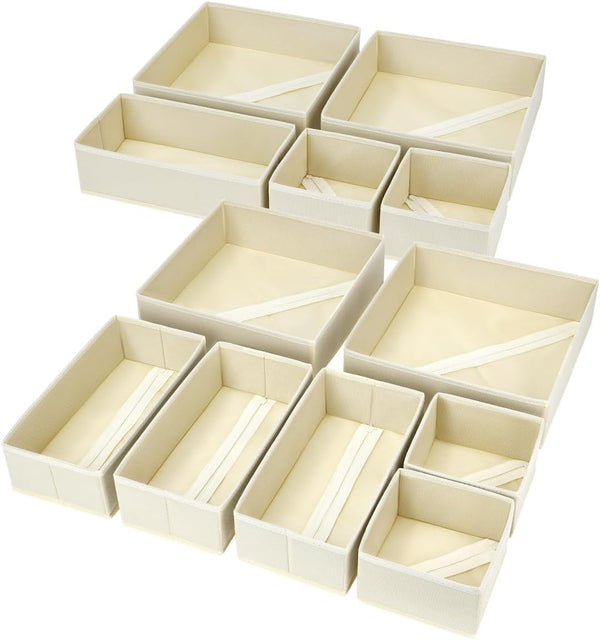 DIMJ Drawer Organizer Clothes, 12 Pack Dresser Organizer, Foldable Closet Organizers and Storage, Fabric Dresser Bins, Drawer Dividers for Nursery, Baby Clothes, Underwears, Sock (Beige)