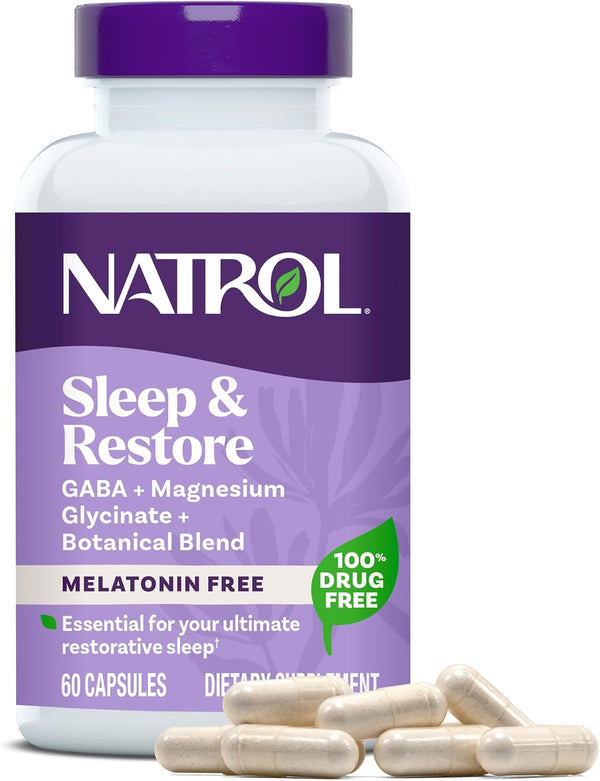 Natrol Sleep & Restore Magnesium Glycinate 100 mg, Melatonin-Free, 60 Count | Melatonin-Free Capsules, Nightitme Sleep-Aid for Adults, Calm Magnesium Glycinate with GABA, Botanical Blend, 100% Drug-Free