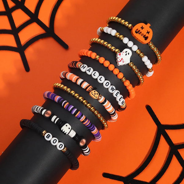 Halloween Bracelets Set for Women,10Pcs Stocking Stuffer Clay Preppy Heishi Boo Skull Charm Beads Stackable Bracelet Adjustable Friendship Holiday Stretch Jewelry Gift