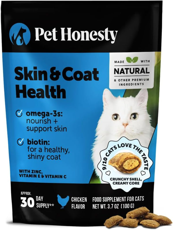 Cat Skin & Coat Supplement Crunchy Creamy Chews - Salmon Oil for Cats Omega 3 Itchy Dry Skin Relief - Feline Shedding Control - Biotin Vitamins for Indoor Cats Shiny Soft Coat (30-Day Supply)