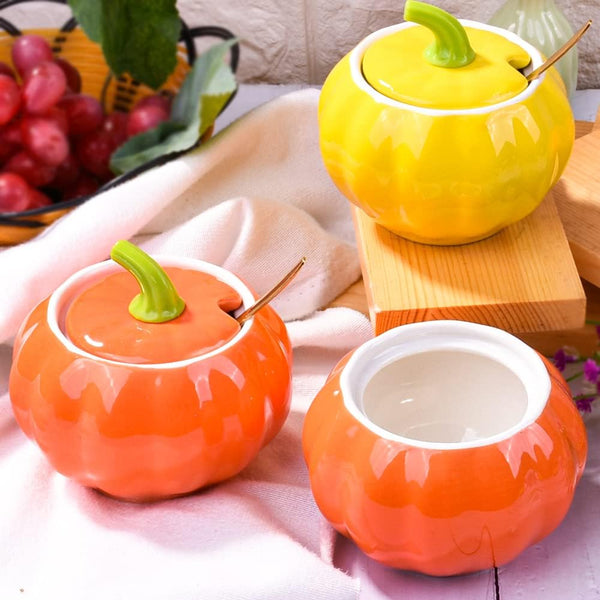 Ceramic Sugar Bowl with Lid and Spoon, 300 ML Pumpkin Shape Spirce Jar