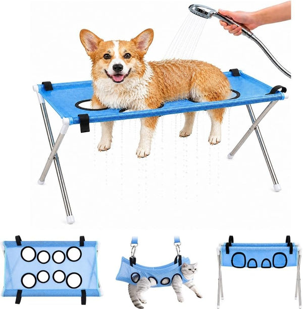 Dog Grooming Hammock Stand, Foldable Dog Bath Holder Sling Shower Chair | Heavy-Duty Pet Bath Stool for Small & Medium Dogs, Home Salon Grooming, Washable Mesh, Joint Support & Restraint(Blue,Base)