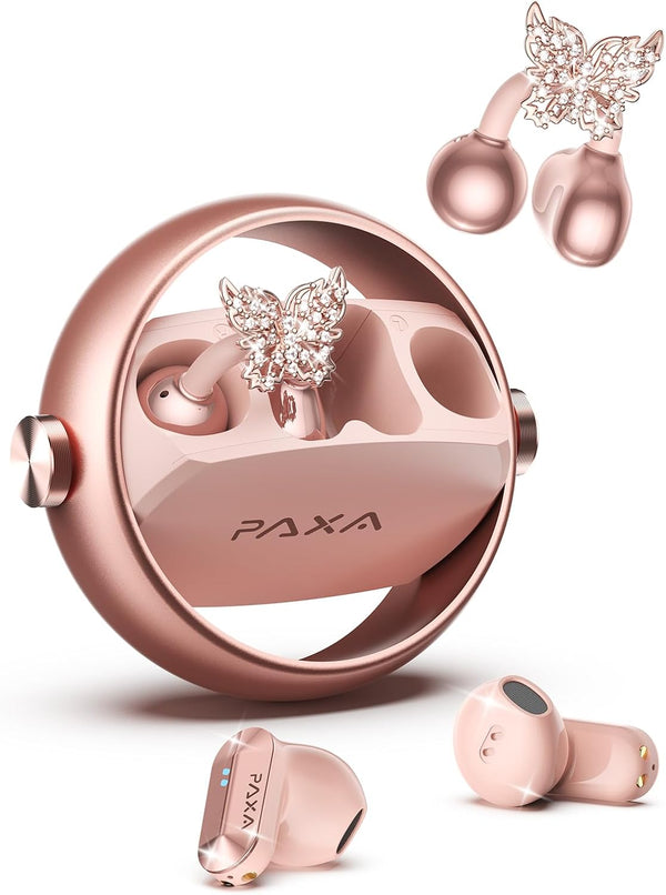 PAXA 3 in 1 Ctbuds Stylish Jewelry-Style Clip on Open Ear Headphones Wireless Earbuds, Instant Earring Mode, Ultra-Long 140H Play, Bluetooth 6.0, All-Day Wear for Work Fitness Daily Use, Rose Gold