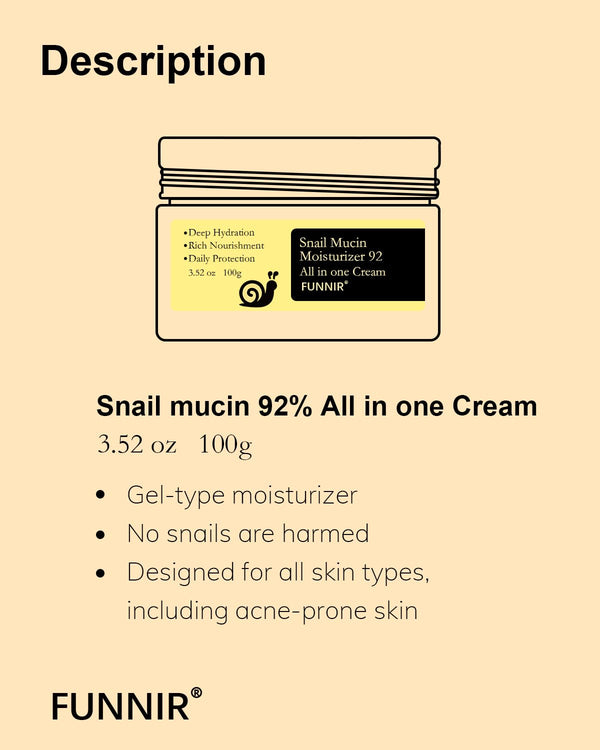 FUNNIR Snail Mucin Moisturizer 92%, Lightweight Moisturing Cream, 100g, Youthful and Radiant Formula, Repair Face Cream for All Skin Types, Skincare Products