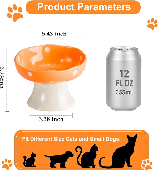 Orange Mushroom Cat Bowl, Elevated Ceramic Bowl for Cats