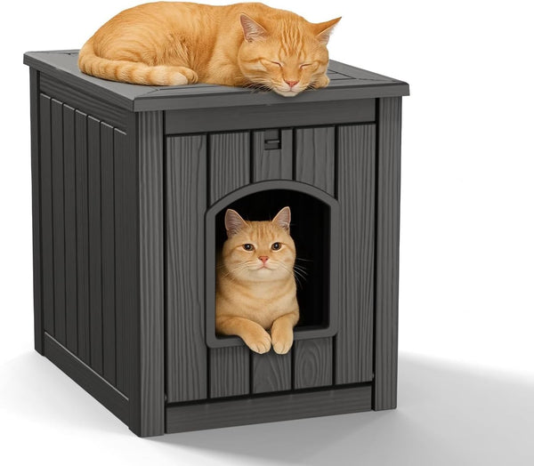 DRATO Outdoor Cat House -Weatherproof Resin Cat Houses for Cats, Durable, Easy Assembly,cat Igloo Outdoor,Durable & Insulated Shelter for Garden, Patio, or Backyard(Black,18.46 * 23.62 * 21.42)