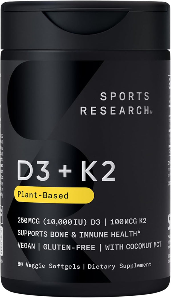 Sports Research® Vitamin D3 + K2 with 10,000iu of Plant-Based D3 & 100mcg of Vitamin K2 as MK-7 | Non-GMO Verified & Vegan Certified 60ct
