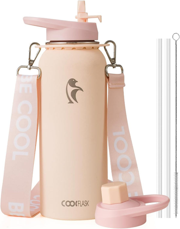 Coolflask Water Bottle with Straw, 40 oz Insulated Metal Water Flask with Straw & Spout Lids, Stainless Steel Double Wall Vacuum, Keep Cold 48h Hot 24h, Leak Proof, BPA-Free, Apricot Pink