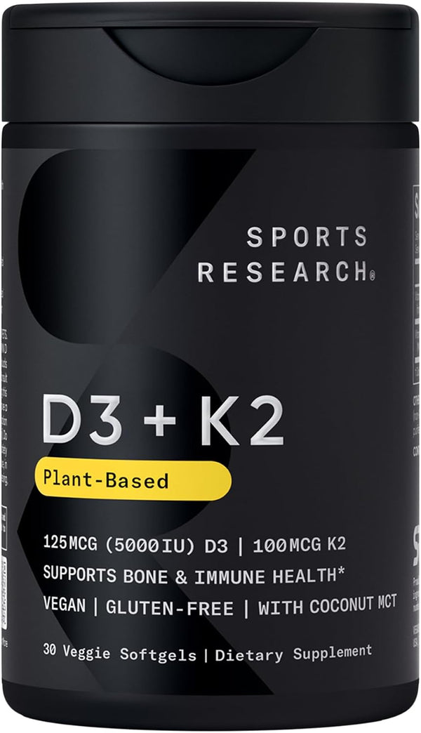 Sports Research® Vitamin D3 + K2 w/Coconut Oil - Vegan Vitamin D 5000iu (125mcg) & Mk7 Vitamin K 100mcg for Bone & Immune Support - Vegan Certified · Non-GMO · Soy Free - 30 Softgels