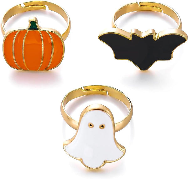 MALOYANVE 3Pcs Halloween Rings Set Pumpkin Ghost Bat Enamel Open Ring