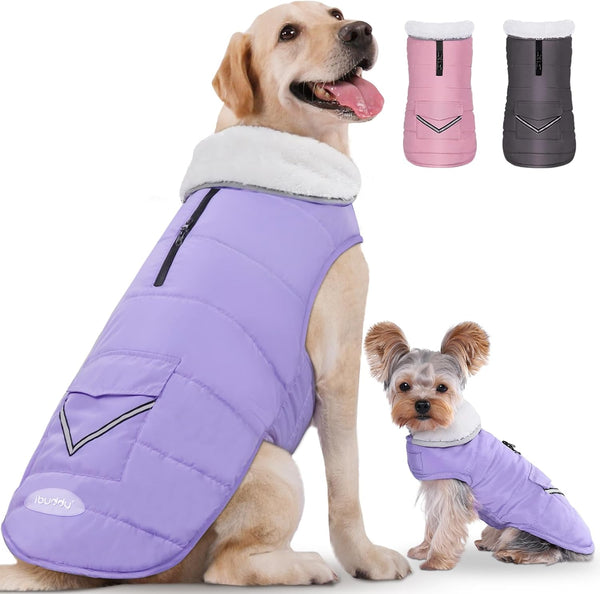 Dog Winter Coat for X-Large Dogs, Easy on Dog Snow Fleece Coat Velcro Waterproof Pet Puffer Jacket with Harness Hole Adjustable Reflective Quilted Pet Cold Weather Vest for Girl Female