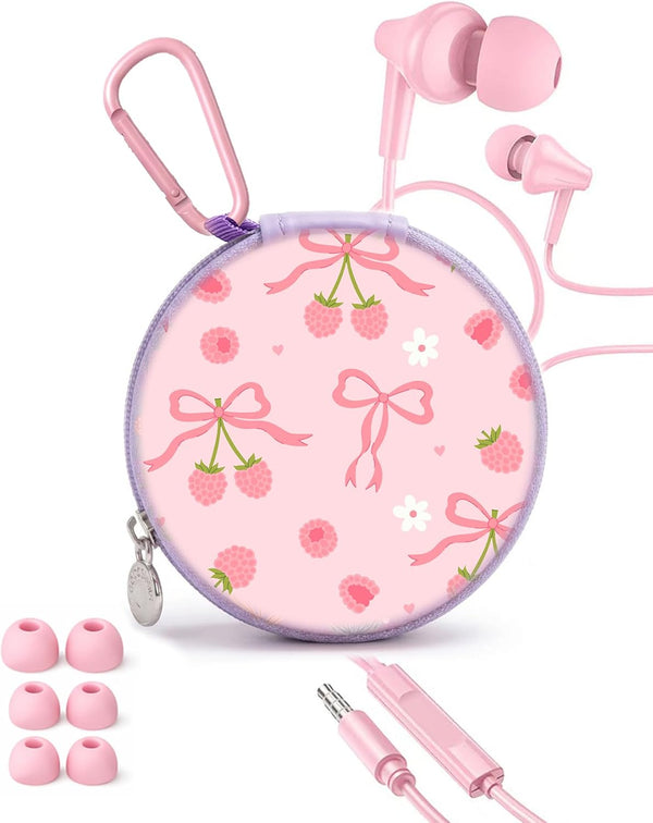 Teens Wired Earbuds with Case, 3.5mm Headphones for School,Berry Bows