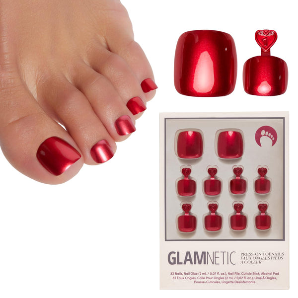 Glamnetic Press On Toenails - Natural Fake Nails | Cherry Red Chrome Press On Toenails, Salon Quality Press On Nails Kit with Glue | Cherry Glaze - 32 Nail Set in 16 Sizes