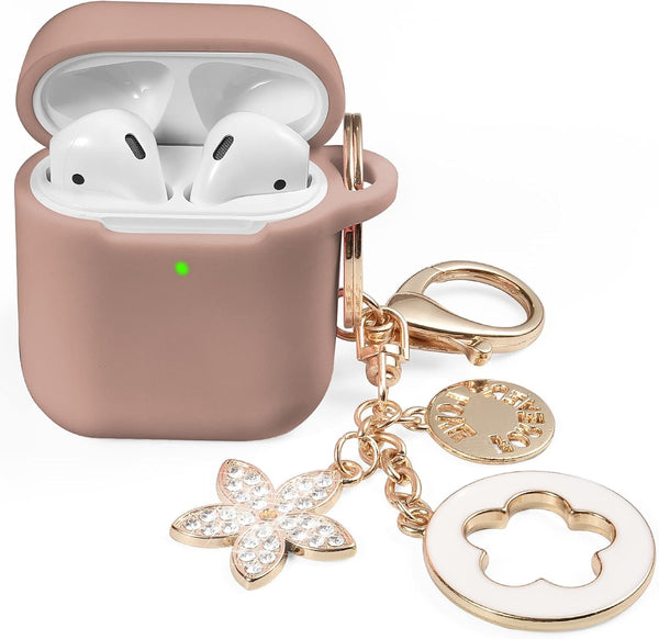 OLEBAND Case Fit for Airpod 1st/2nd Generation with Cute Bling Keychain,iPods Silione Cover Compatible for Apple Air pod/iPod 2 and 1 Gen Case,LED Visible,for Women and Girls,Milk Tea
