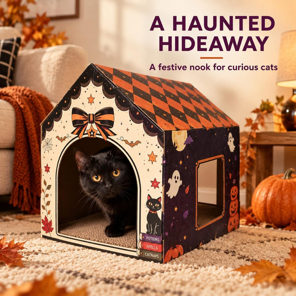 Halloween Cardboard Cat House with Scratcher Pad, 16.5 x 12.5 x 15.5 in