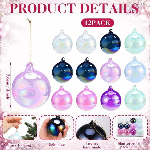 Seenelling 12 Pcs Iridescent Pastel Glass Christmas Ball Ornaments for Tree