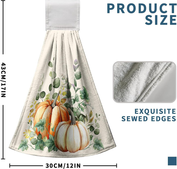 Fall Autumn Hanging Kitchen Towels Thanksgiving Pumpkin Hand Towel with Hanging Loop Vintage Checkered Plaid Dish Towels Soft Absorbent Fingertip Bath Tie Towel for Bathroom Decorative Set of 2