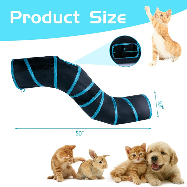 Sheldamy Cat Tunnel, S-2-Way Cat Tunnels for Indoor Cats, Collapsible Cat Play Tunnel, Interactive Toy Maze Cat House with 1 Play Ball for Cats, Puppy, Kitty, Kitten, Rabbit (Blue & Black)