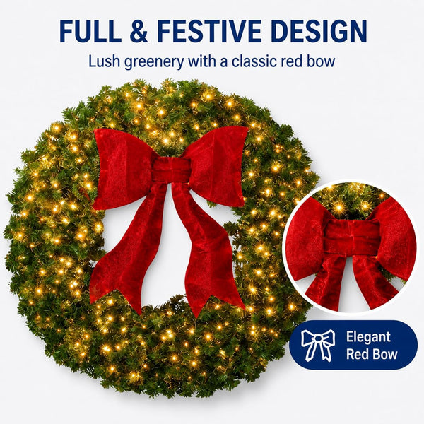 36in Large Pre-Lit Christmas Wreath with Bow, Artificial Greenery
