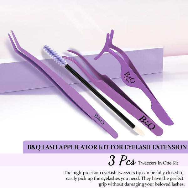B&Q Eyelash Applicator Tool 3 PCS Lash Applicator Tool Kit Lash Tweezers for Eyelash Extensions Application Tool and Removal (Purple,3 PCS)