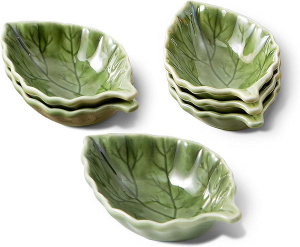 Ceramic Soy Sauce Dishes, Green Leaf Shape Dipping Bowls, 1.5OZ