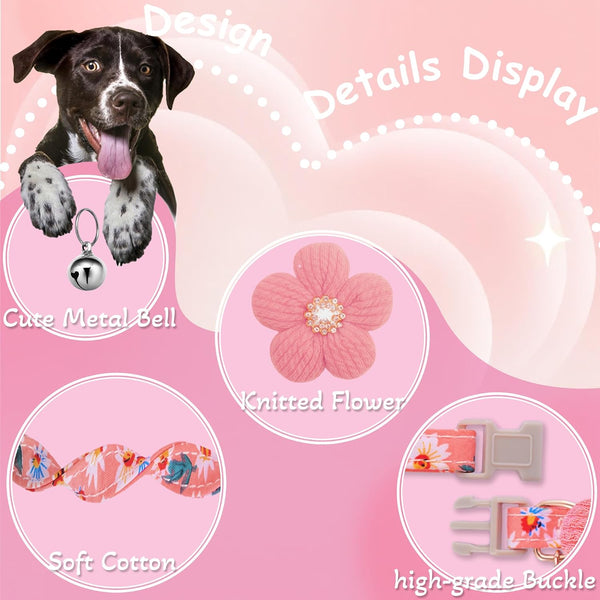 Small Dog Collar with Flower, Spring Dog Collar for Girl Dog Collars for Small Dogs Cute Dog Collar with Bell, Adjustable Length