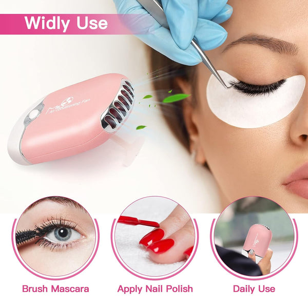 mlogiroa Lash Fan Mini Portable Eyelash Fan Handheld for Eyelash Extension | Rechargeable USB C Air Cooling Blower with Built in Sponge Lash Extension Application Pink