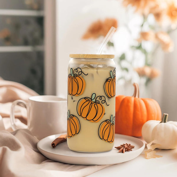 Joyseller 18oz Fall Pumpkin Iced Coffee Glass Cup with Lid & Straw