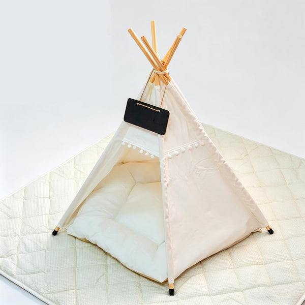 Pet Teepee Tent with Thick Padded Cushion - Portable Washable Cotton Canvas Cat Tent & Dog Bed - Indoor Pet House for Small Dogs, Puppies, Cats - Modern Boho Home Decor