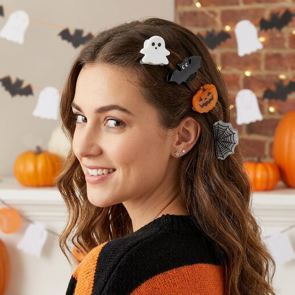 Mini Halloween Holiday Hair Claw Clips for Girls Pumpkin Ghost Bat Spider Web Fun Hair Clips Cute Halloween Hair Accessories for Women 8pcs