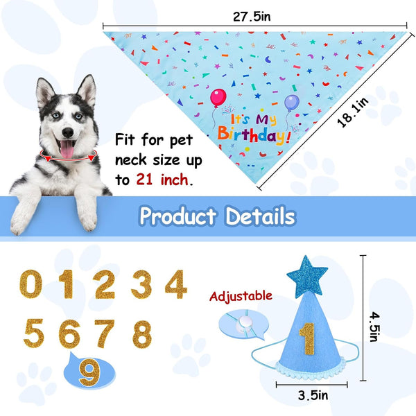 Dog Birthday Party Supplies, Dog Birthday Bandana Set, Dog Boy Girl Birthday Party Hat with Numbers for Large Medium Small Dogs Pet (Blue)