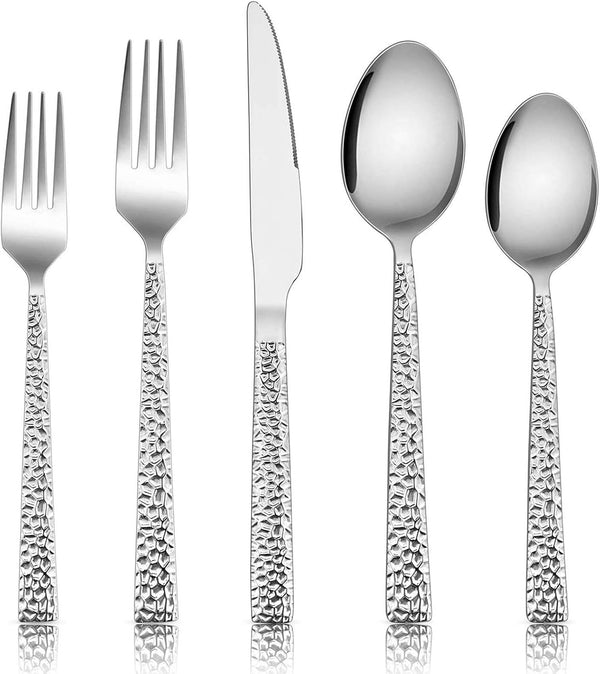 E-far Hammered Silverware Set for 8, 40 Pcs Stainless Steel Flatware Set