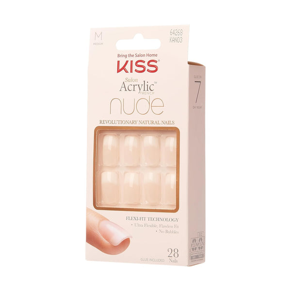 KISS Salon Acrylic Press On Nails, Nail glue included, 'Cashmere', French, Medium Size, Squoval Shape, Includes 28 Nails, 2g Glue, 1 Manicure Stick, 1 Mini file