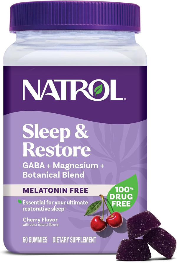 Natrol Sleep & Restore Magnesium Glycinate Blend Gummies, Cherry, 60 Count | Melatonin-Free, Nightitme Sleep-Aid for Adults, Calm Magnesium Glycinate with GABA, Botanical Blend, 100% Drug-Free