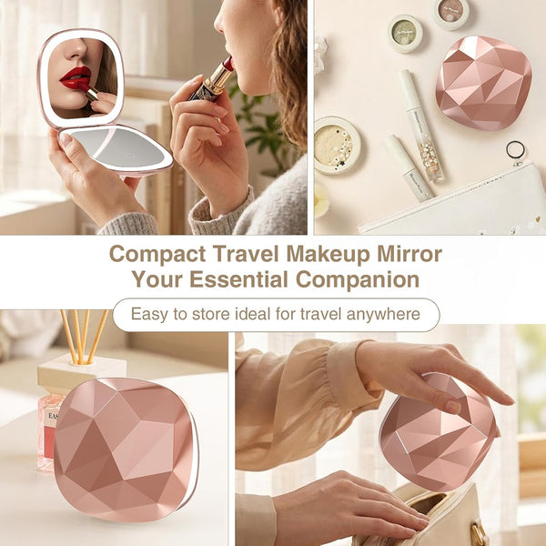 Travel Makeup Mirror with Light, 10X/1X Magnifying Compact Mirror for Purse, Portable Double Sided Folding Pocket Size, Dimmable LED & USB Rechargeable(Rose Gold)