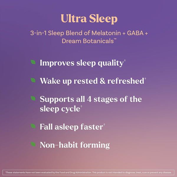 Natrol Ultra Sleep 3-in-1, 5mg Melatonin, GABA, Botanicals, 30 Tablets | Improve Sleep Quality, Wake Up Rested & Refreshed, Fast Dissolve, Raspberry Flavor, 100% Drug-Free, Non-Habit Forming