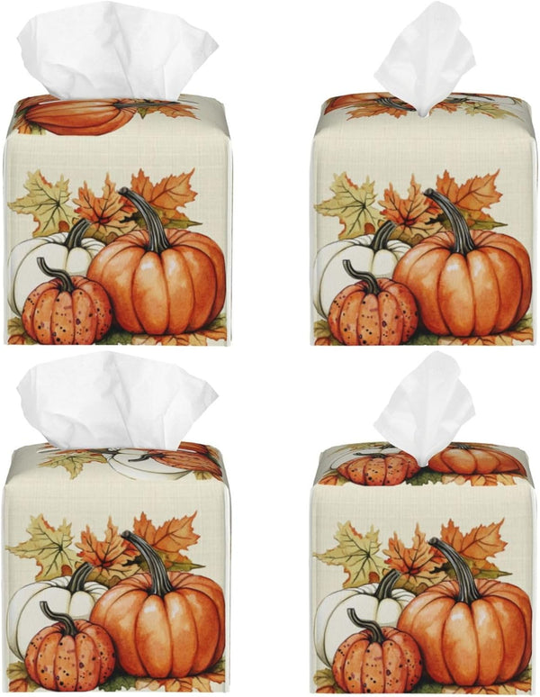 Pumpkins Fall Tissue Box Cover Autumn Leaves Square Leather Tissue Case Holder Facial Paper Organizer Decorative for Tabletop Night Stands Desk Bathroom Kitchen Car Office Home Decor