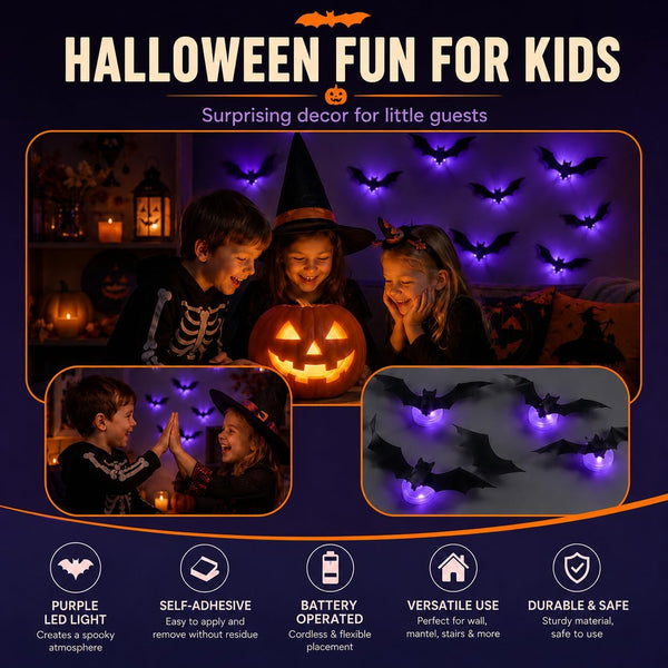 Spooky Glow 3D LED Bat Wall Decor, Hanging Bat for Halloween Decoration, 12