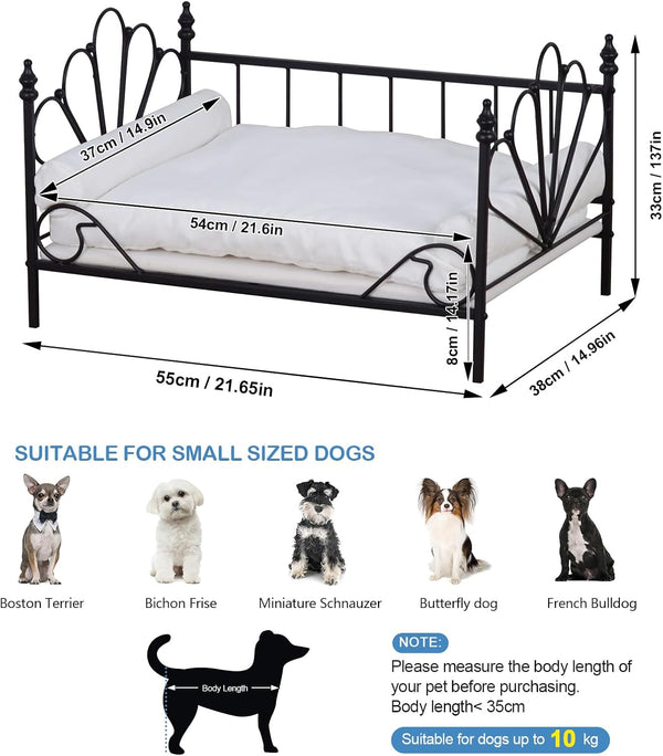 Babyland Bed for Dog, Pet Couch Bed with Metal Frame and Detached White Velvet Cushion with 2 Pillow for Small Pet