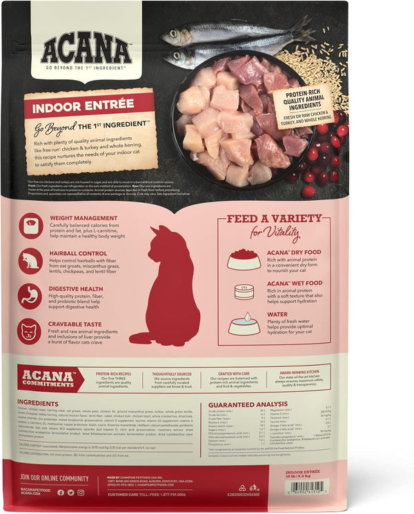 ACANA Dry Cat Food for Indoor Cats Indoor Entrée Chicken Turkey, 10lb Bag | Includes Probiotics, Digestive Health, Weight Management, Free-Run Poultry, World's Finest Ingredients