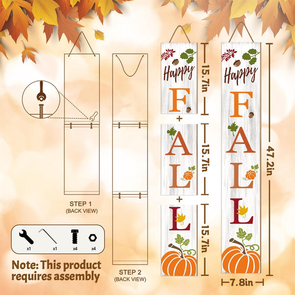 Fall Porch Sign, Pumpkin Sign for Front Porch, Happy Fall Wooden Sign Yard, Vertical Wood Sign Standing for Patio Front Door Porch, Flat Design Fall Pumpkins Holiday Home Party Wall Yard Home Decor Indoor Outdoor, 47x8 inch