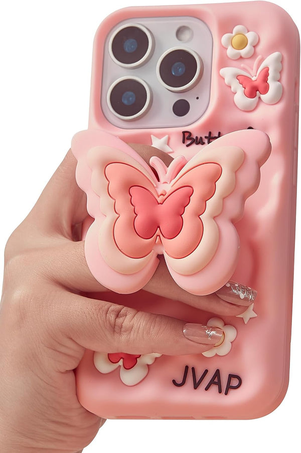 for iPhone 15 Case, Kawaii 3D Butterfly Pop-Up Grip for Girls
