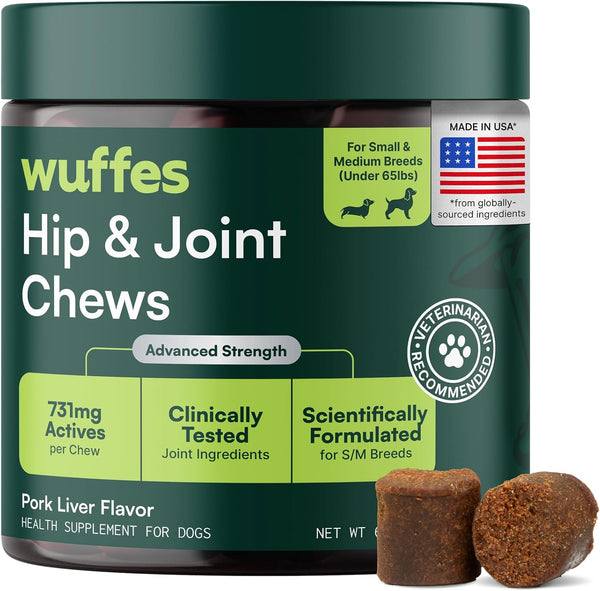 Wuffes Advanced Dog Hip and Joint Supplement with Glucosamine, Chondroitin, Omega 3, MSM, and Green Lipped Mussel, 60 Pork Flavored Chews for Small and Medium Dog Breeds